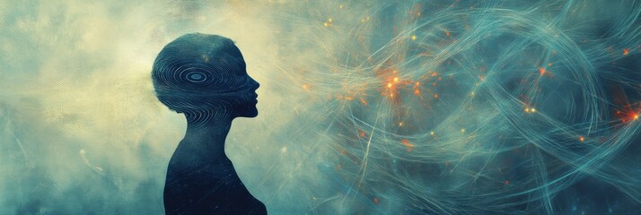 Aufkleber - Silhouette surrounded by abstract whirlwind representing feelings of loneliness and introspection as time passes. Generative AI