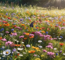 Wall Mural - Sunny meadow with colorful wildflowers and butterflies, seasonal change , natural beauty, colorful blooms