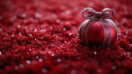 Wall Mural - Red Christmas bauble with ribbon on red textured surface.