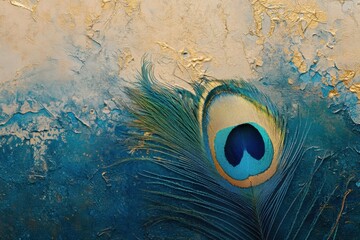 Aufkleber - Close up view of a peacock feather showcasing intricate textures and vibrant colors against a textured background. Generative AI