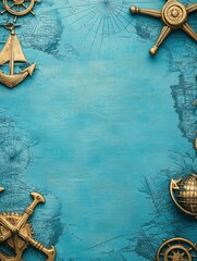 Poster - Nautical map background with anchors and compass decorative elements on blue texture. Generative AI