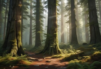 Canvas Print - towering redwoods, soft light filtering through leaves, mossy undergrowth, fantasy, vibrant, old
