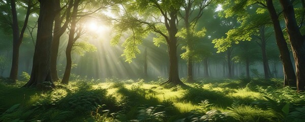  Vibrant green foliage with sunlight highlighting trees , sunlight, vegetation, filtered light