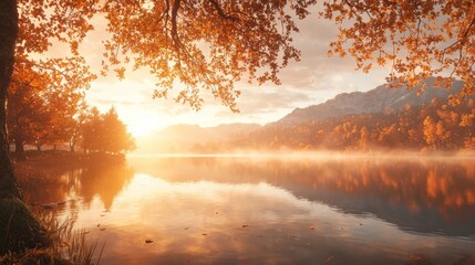 Canvas Print - Golden autumn sunrise over calm lake with fog and colorful trees.