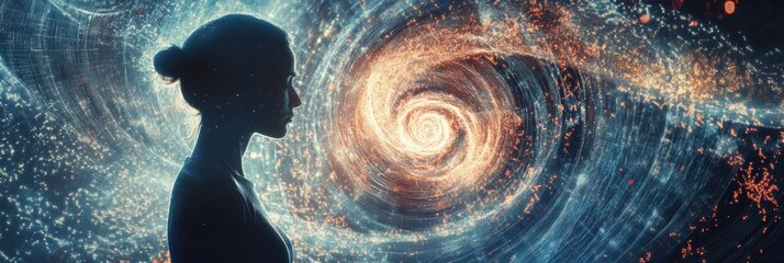 Poster - Silhouette within a swirling vortex representing the theme of loneliness and introspection in a cosmic setting. Generative AI