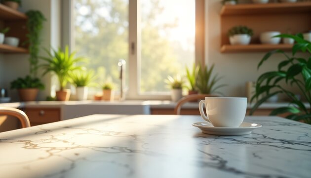empty marble table in modern kitchen. sunny morning light streams through window. blurred green plan