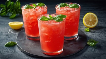 Three glasses of refreshing red basil lemonade with ice.