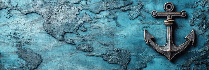 Poster - Nautical map background featuring a metal anchor and ample space for custom text or branding needs. Generative AI