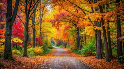 Wall Mural - Tranquil forest pathway surrounded by colorful autumn foliage , serene, autumn, splendor, trees, forest, pathway, leaves