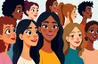 © Maryna - Diverse group of young women. Appear happy, friendly. Multicultural representation. Casual attire. Group suggests teamwork friendship. Possible college social event. Illustration inclusivity,