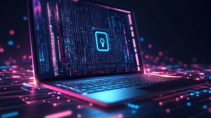 Cyber security laptop screen shows digital lock on coding.