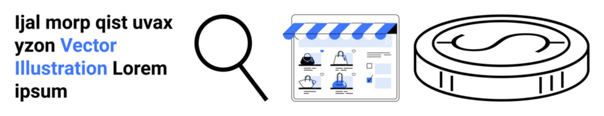 online store interface with shop icon, magnifying glass, and virtual currency coin. ideal for e-comm
