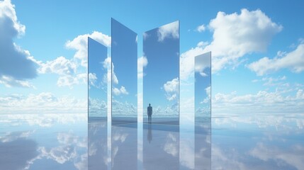 Wall Mural - 3D sky with clouds, minimalistic style, floating mirror cubes on the horizon, symmetrical composition, blue and white color palette, 