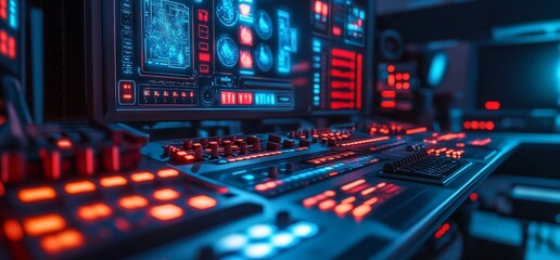 Futuristic control panel with glowing buttons and digital displays.