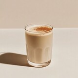 Exotic chai latte in a glass cup. Featuring spices and frothy milk