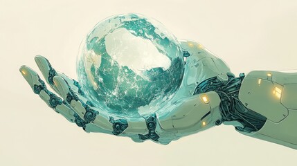 Robotic hand gently holding a translucent Earth globe.