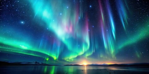 glowing aurora borealis in a dark night sky with star particles suspended in mid-air, space, aurora,