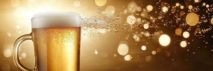 Wall Mural - golden beer with a white head in mug glass, bubbles all over background, panorama