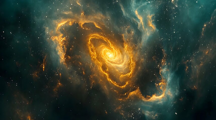 Wall Mural - abstract swirling amber patterns over a dark teal background with glowing nebula details and dynamic