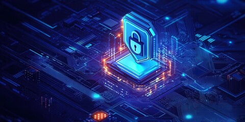 Wall Mural - secure connection or cybersecurity service concept of compute motherboard closeup and safety lock wi