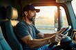 © Maryna - Middle-aged man drives large truck. Sits in cockpit, looking ahead. Using mobile device driving. Image shows pro truck driver at work. Photo captures moment on road. Situation dangerous. Truck driver
