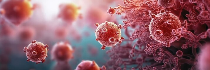 Wall Mural - molecular structure of cancer cells under microscope, realistic macro body panorama.