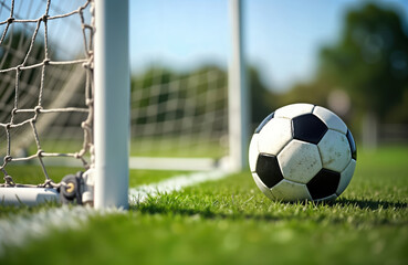 Soccer ball lies near soccer goal on grassy field. Daytime shot. Sport recreation concept. Photo captures active lifestyle. Great for sports websites and blogs.