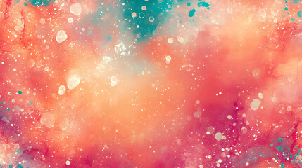 Wall Mural - abstract vibrant teal clusters scattered on a coral pink background with glowing nebula patterns and