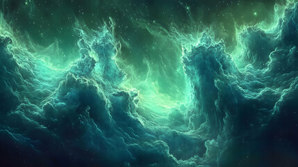 Wall Mural - celestial abstract art of icy blue streams flowing over a vibrant green background with glowing nebu