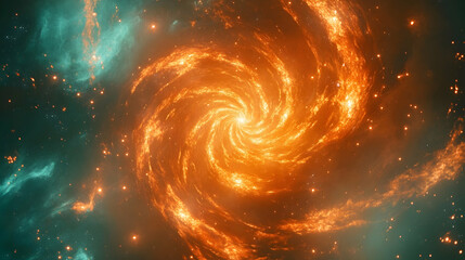 Wall Mural - Vibrant abstract background of fiery orange spirals blending into a cool turquoise background with glowing nebula and streaks of cosmic light