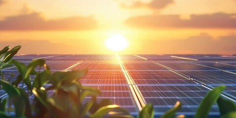 Wall Mural - Solar panels with plants at sunset, sustainable energy concept