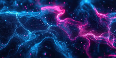Wall Mural - colorful abstract design showcasing flowing lines and dots in blue and pink colors over a dark backg