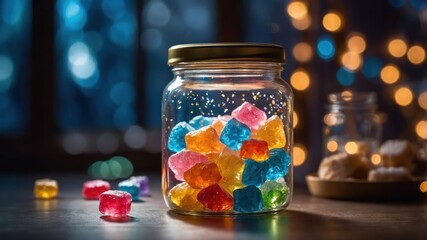 Wall Mural - A jar filled with colorful, translucent candy pieces against a softly lit background.