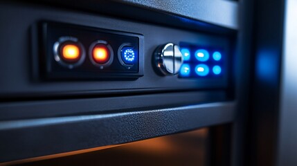 Close-up of a safe's digital control panel with illuminated buttons and lights.