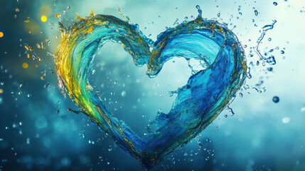 Wall Mural - A vibrant abstract heart composed of swirling blue and green splashes, accented by golden light flares, dynamic droplets scattered in the background