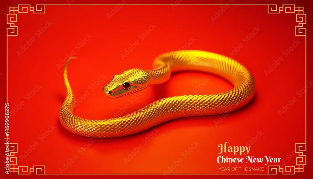 Golden snake slithering on red background celebrating chinese new year ...