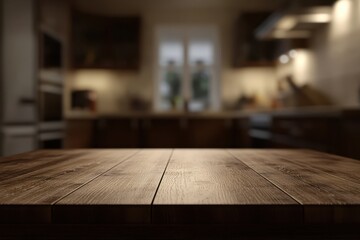 Wall Mural - Dark wooden table in blurred kitchen.