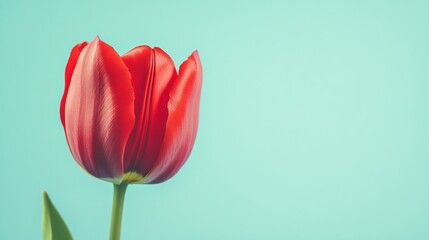 Aufkleber - A bright red tulip against a light teal background, close-up shot, Minimalist style