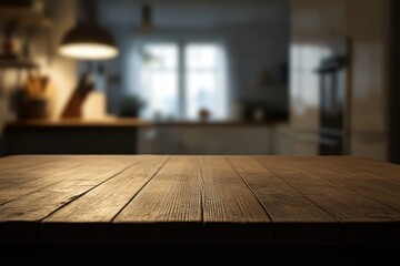 Wall Mural - Rustic wooden table in blurred kitchen setting. (1)