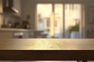 Wall Mural - Empty wooden table in blurred kitchen background. (3)