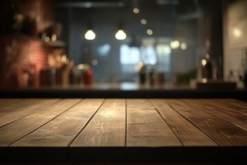 Wall Mural - Dark wooden table in a blurred bar background.