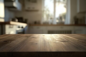 Wall Mural - Wooden table in blurred modern kitchen.