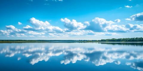 Serene lake landscape with blue sky and cloud reflections in calm water : Generative AI