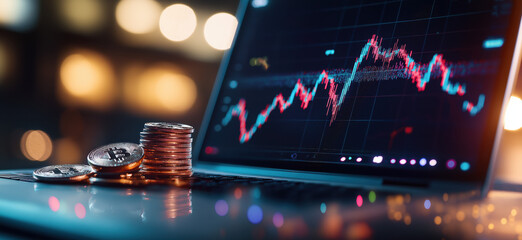 Wall Mural - A laptop displaying a financial chart alongside stacks of coins, illustrating concepts of trading and investment in a digital environment.