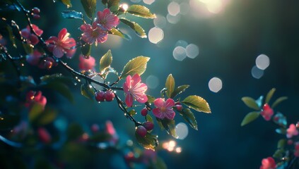 Wall Mural - pink blossoms on a branch, sunlight bokeh.