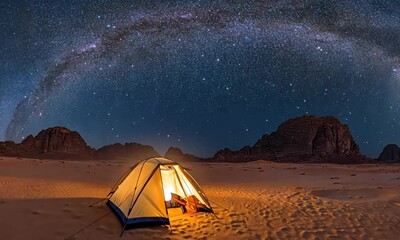 Wall Mural - a tent illuminated under a starry night sky in a desert landscape.