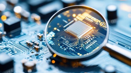 Poster - Close-Up View of a Circuit Board with a Magnifying Glass Highlighting a Microchip and Glowing Connections, Perfect for Technology and Innovation Themes