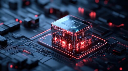 Poster - Futuristic Computer Chip Surrounded by High-Tech Circuit Board Design with Glowing LED Lights, Representing Advanced Technology and Innovation in Electronics