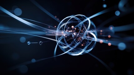 Fototapete - Abstract Representation of Quantum Physics Concept with Glowing Energy Lines and Shimmering Particles on a Dark Background