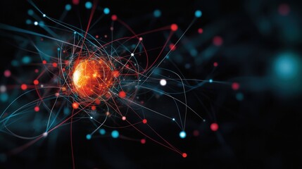 Fototapete - Abstract Illustration of a Central Energy Source with Dynamic Lines and Dots on a Dark Background, Representing Energy Flow and Scientific Concepts in Modern Science